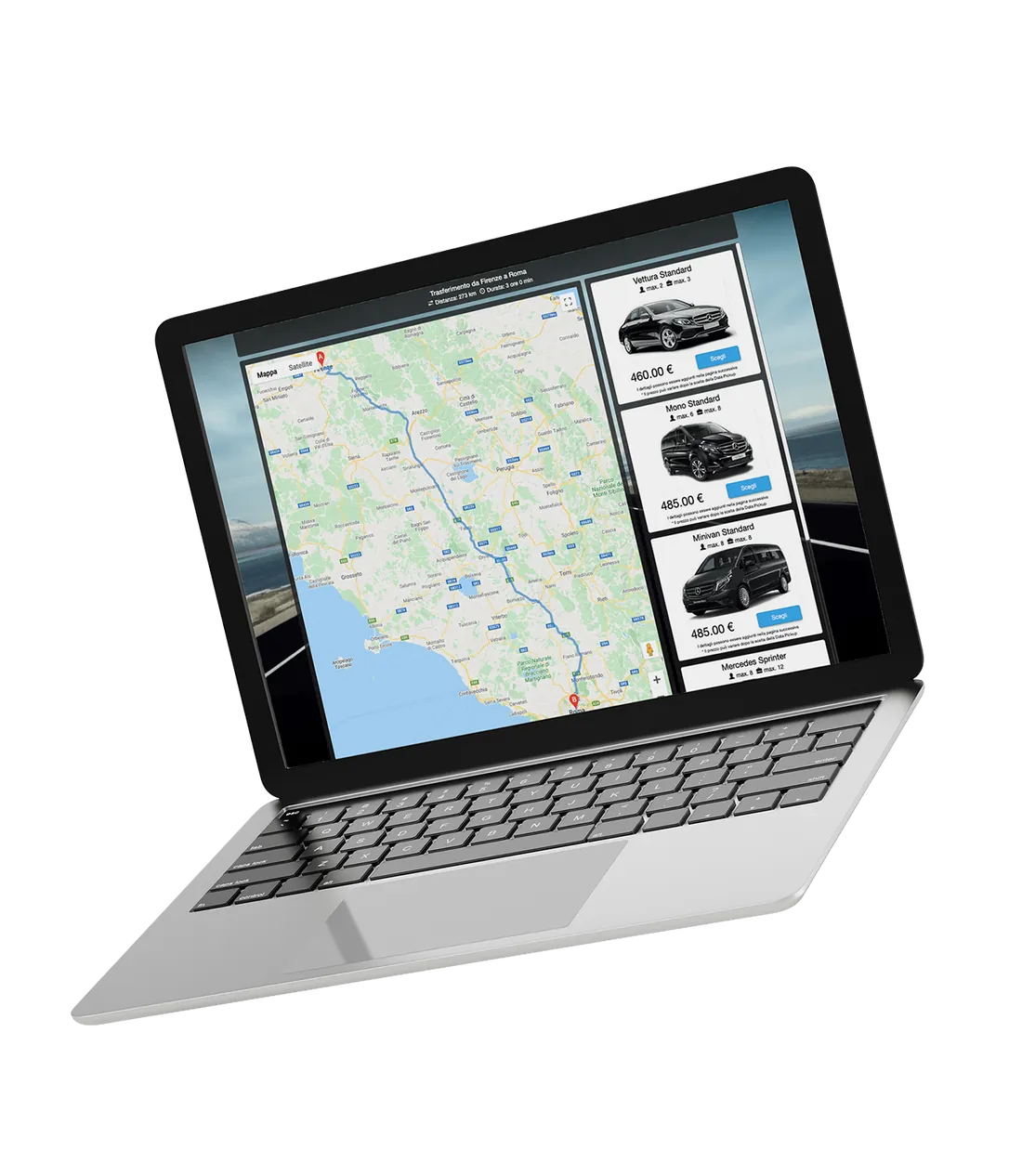 Il modulo transfer di Udriver su un portatile: percorso su mappa e veicoli disponibili con le tariffe